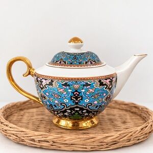 Gold-Accented Blue Floral Porcelain Teapot - Elegant Home Art